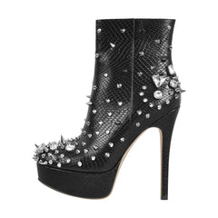 Studded Rhinestone Platform Ankle Boots