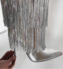 Pointed Toe Metallic Fringe Boots
