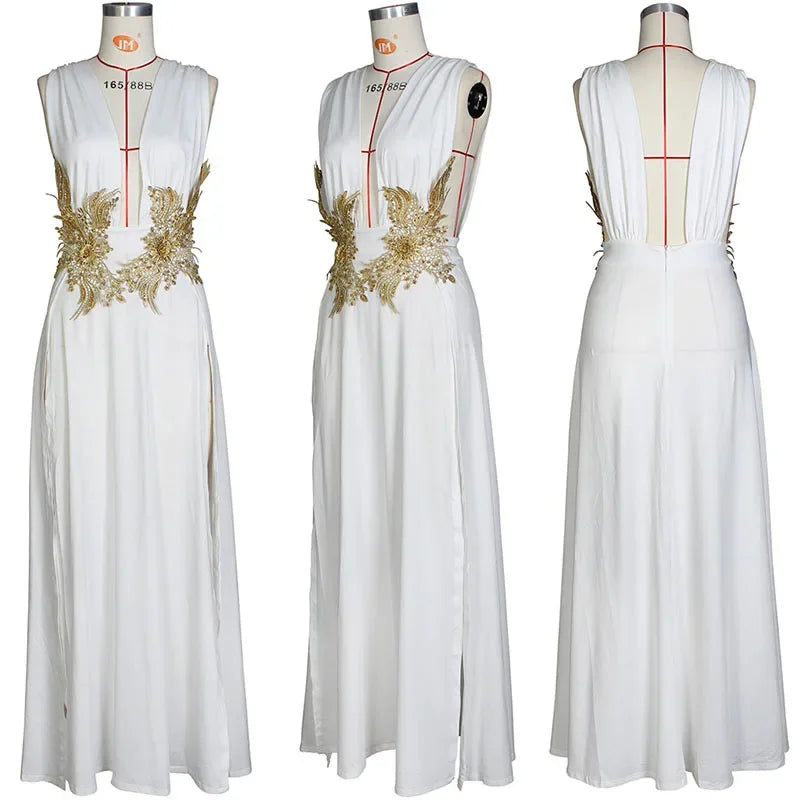 Three white dresses with gold embellishments on mannequins against a white background