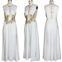 Three white dresses with gold embellishments on mannequins against a white background
