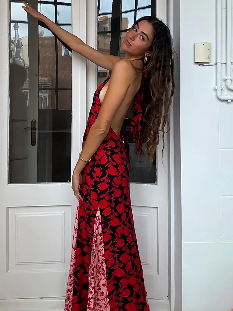 Elegant red backless maxi dress with black accents