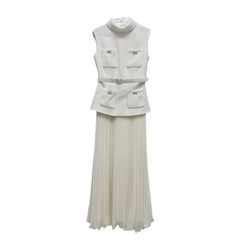 White Bow Pocket Tweed Chiffon Long Dress