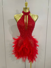 Red beaded feather halter dress