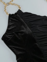 Black Chain Halter Velvet Dress with Pleated Fold Detail