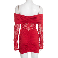 Off-shoulder Lace See Through Long Sleeve Ruched Mini Dress