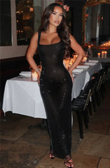 Sparkle Sequin Backless Maxi Dress – Sleeveless Club Gown with Square Neck