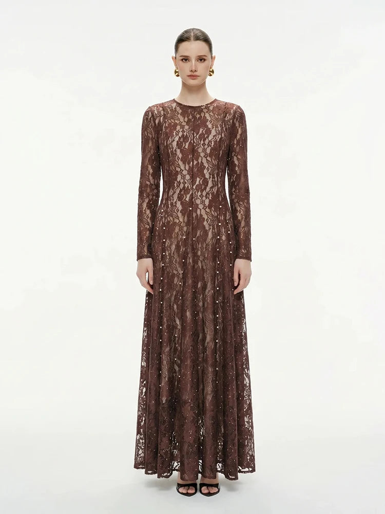 Brown long sleeve lace embellished maxi dress