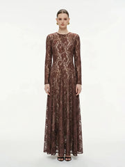 Brown long sleeve lace embellished maxi dress