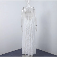 Mannequin wearing a white lace dress against a plain white background