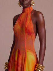 Halter Neck Abstract Print Maxi Dress