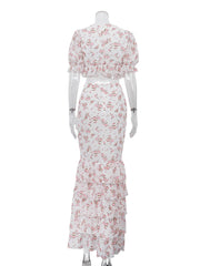 Floral Print Puff Sleeve Crop Top Ruffle Maxi Skirt Set