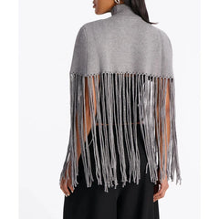 Turtleneck Fringe Knit Poncho