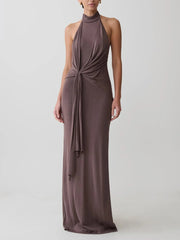 Halter neck draped knot maxi dress in brown