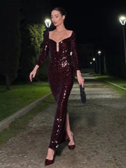 Burgundy Off Shoulder Mesh Sequin Maxi Gown