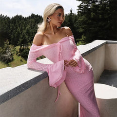 Pink Off-Shoulder Lace Dress | Bell Sleeve Formal Dress