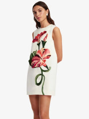 White Embroidered Floral Mini Dress - Back View