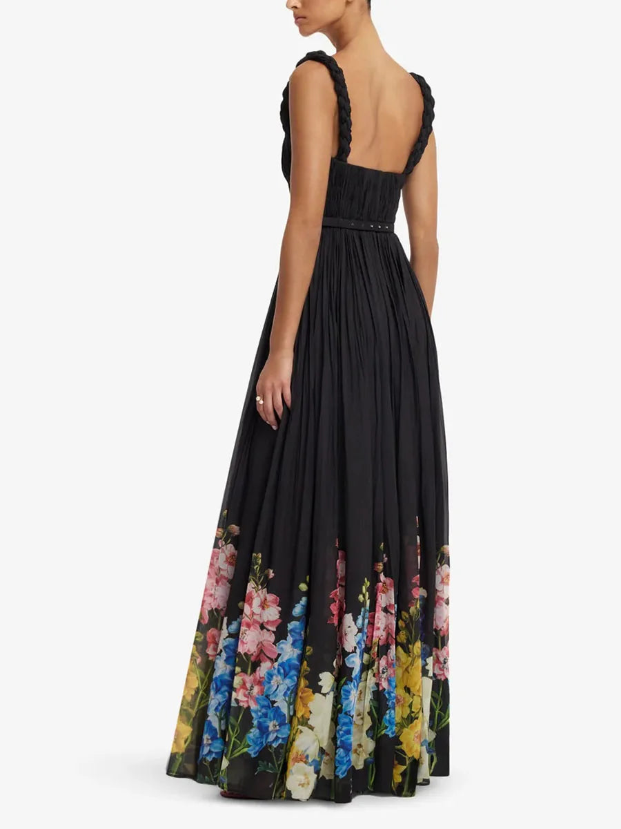 Back view of floral print square neck maxi dress