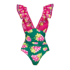 Grape Print Ruffled Swimsuit and Maxi Skirt Set