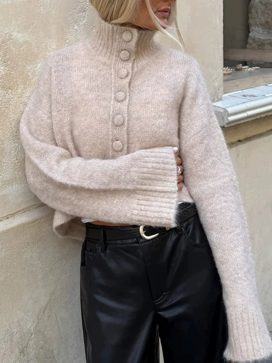 Turtleneck button knit cardigan in beige