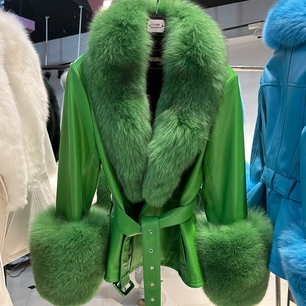 Green fur-trimmed jacket with a hanger on a blurred background