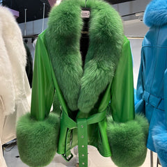 Green fur-trimmed jacket with a hanger on a blurred background