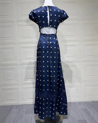 Satin Polka Dot Cap Sleeve Maxi Dress