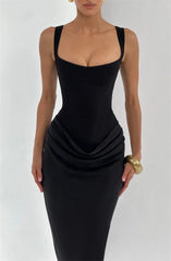 Black dress with draped front on a white background