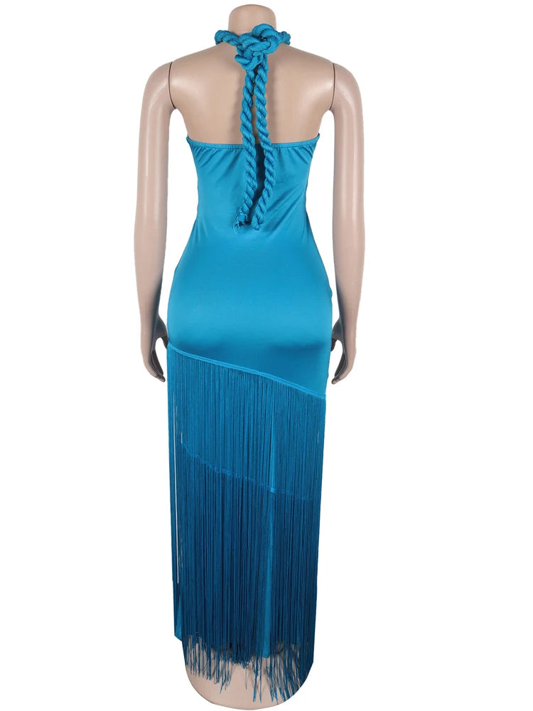 Blue fringe dress on a mannequin against a white background