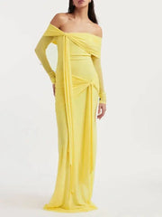 Off-shoulder draped gown dress with long sleeves