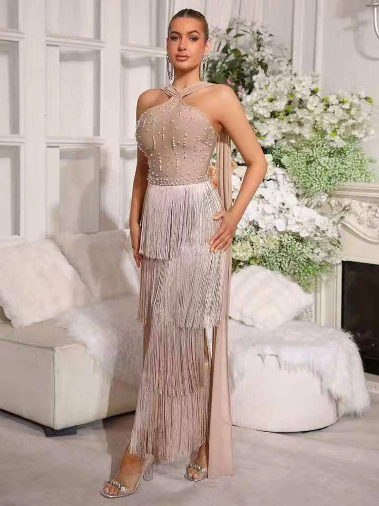 Beaded halter neck fringed column dress with draped detailing