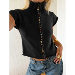 Black knit turtleneck crop top with colorful buttons