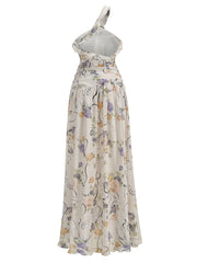 One-Shoulder Ruffled Print Asymmetrical Neckline Sleeveless Ankle-Length Dress