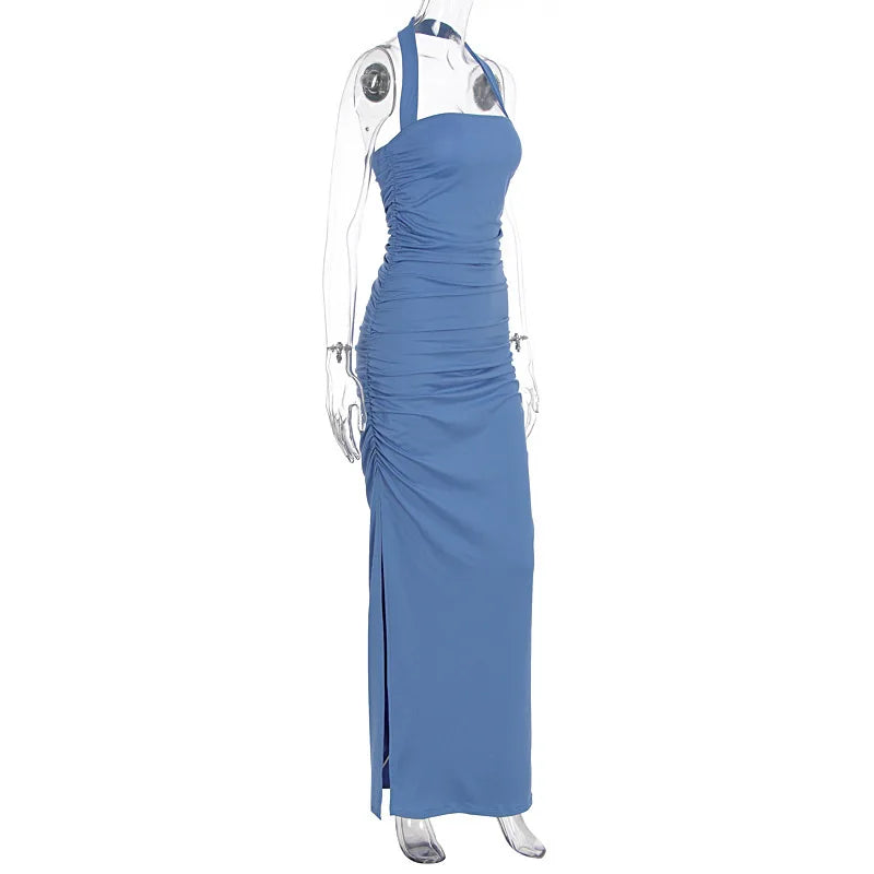 Blue evening gown on a mannequin against a white background-side