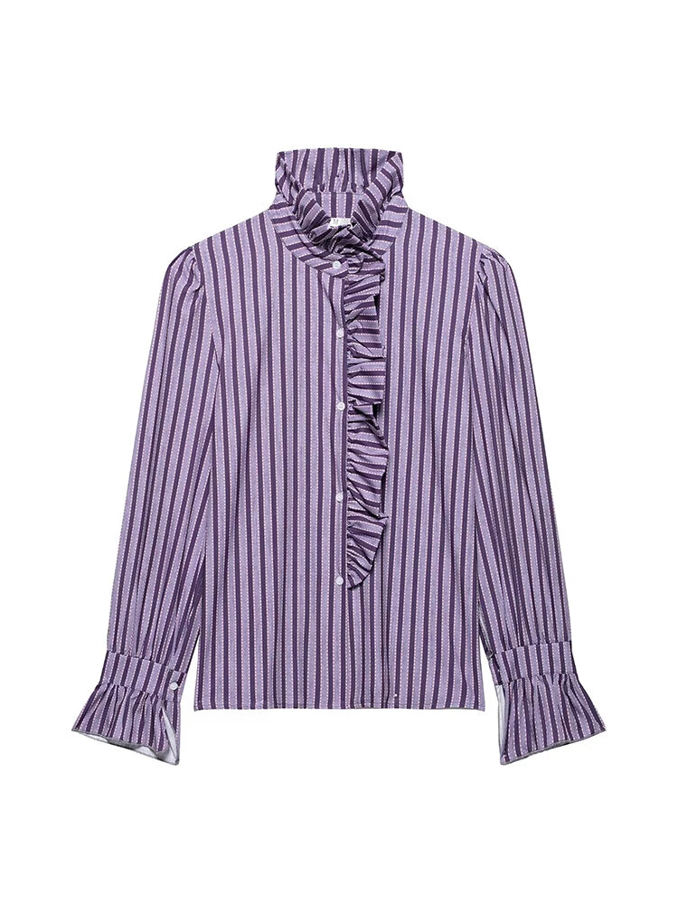 Purple and white striped blouse with ruffled details on a white background
