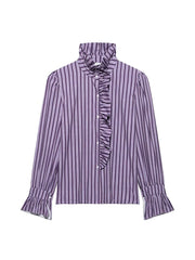 Purple and white striped blouse with ruffled details on a white background