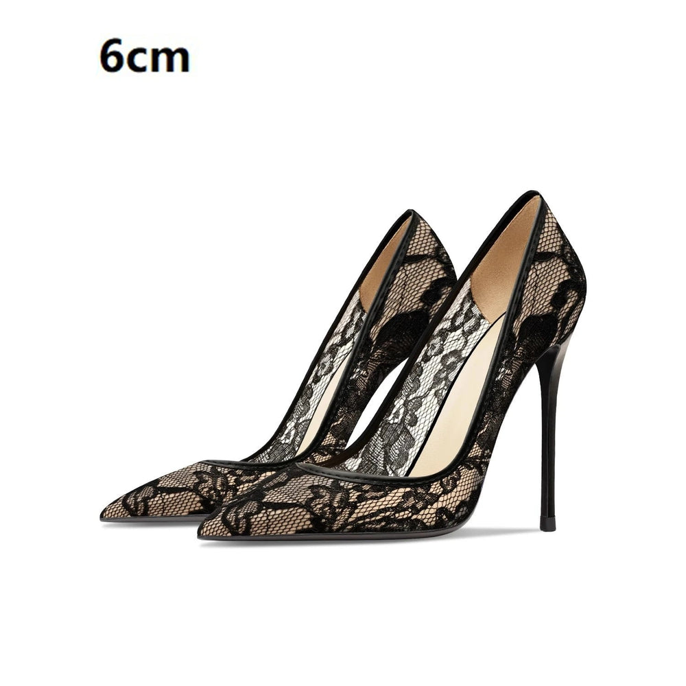 Black lace high-heeled shoes on a white background with text indicating heel height.