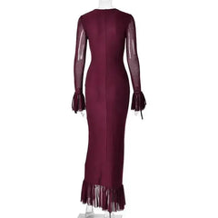 Ruffled Mesh Sleeve V-Neck Maxi Dress