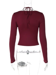 Burgundy Lace Tie Up Halter Top