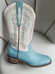 Embroidered Square Toe Block Heel Boots