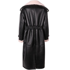 Black leather coat with pink fur lining
