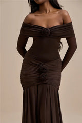 Off-Shoulder Rose Ruched Bodycon Maxi Dress