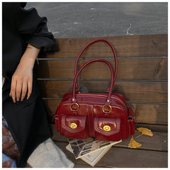 Microfiber Leather Vintage Pocket Satchel – Black & Burgundy