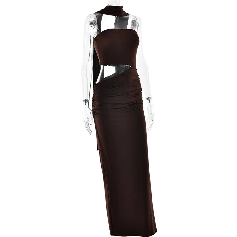 Brown strapless maxi dress with a side cutout and halter neck displayed on a mannequin, angled view.