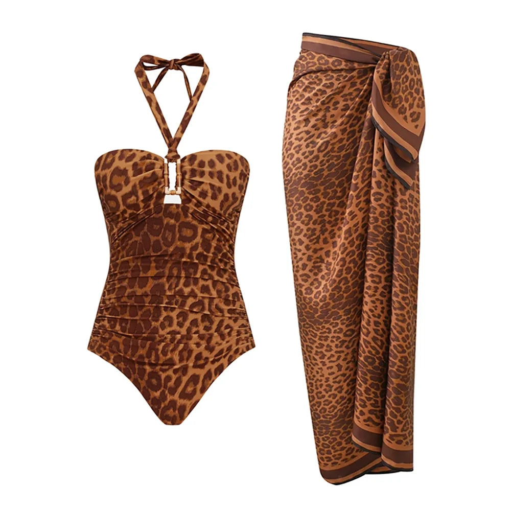 Leopard print halter neck swimsuit with matching sarong wrap