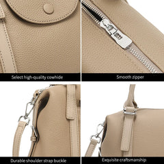 Beige handbag with close-up details on high-quality cowhide, smooth zipper, durable shoulder strap buckle, and exquisite craftsmanship.