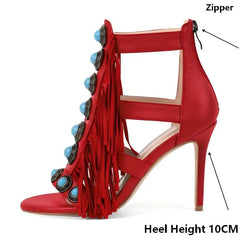 Red fringe jewel embellished stiletto boots side profile