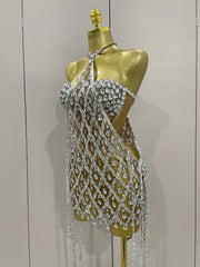 High Choker Neck Diamond Mesh Mini Dress
