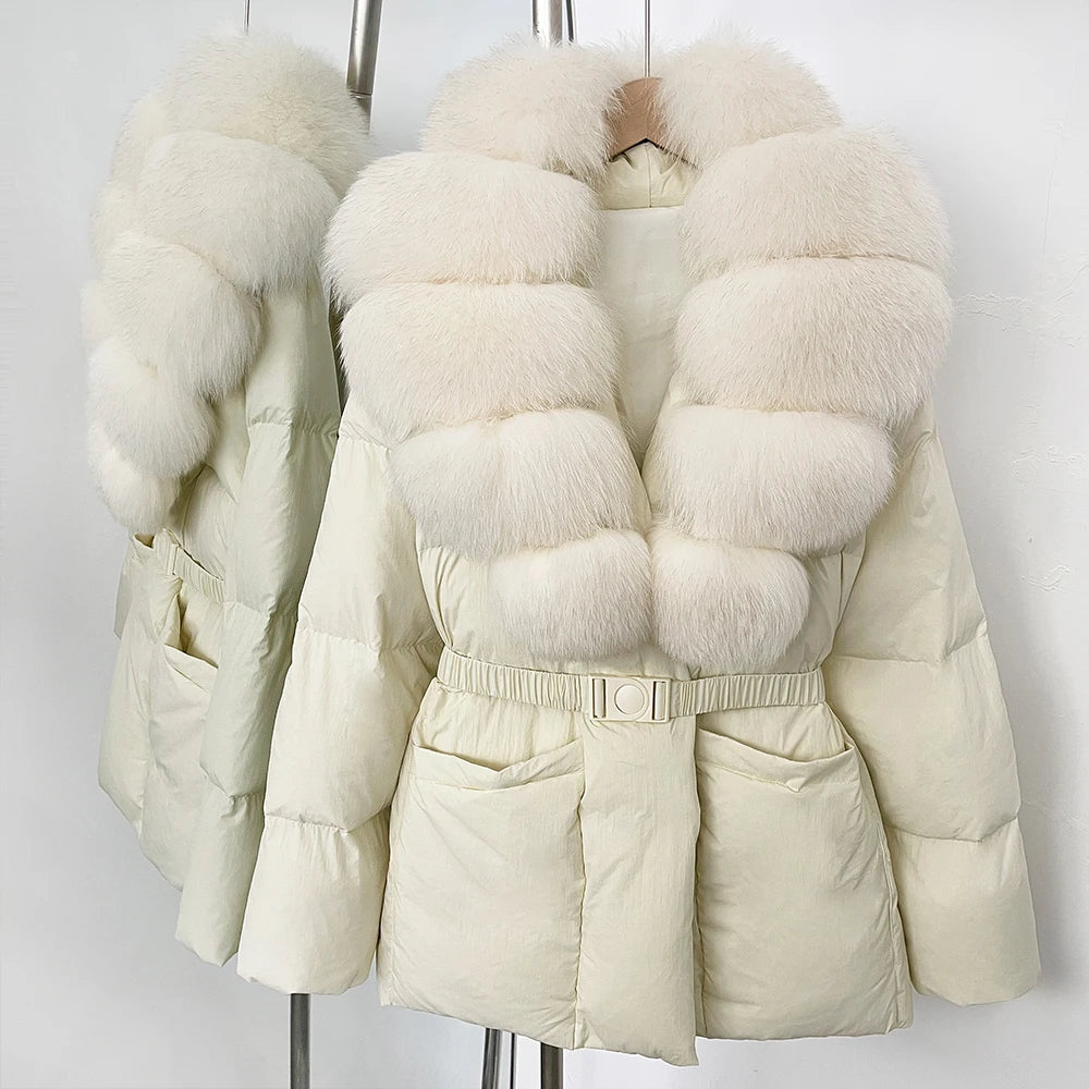 White puffer jacket with fur collar and waistband