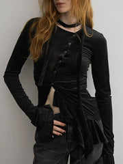 Velvet Asymmetrical Buttoned Ruffle Hem Top