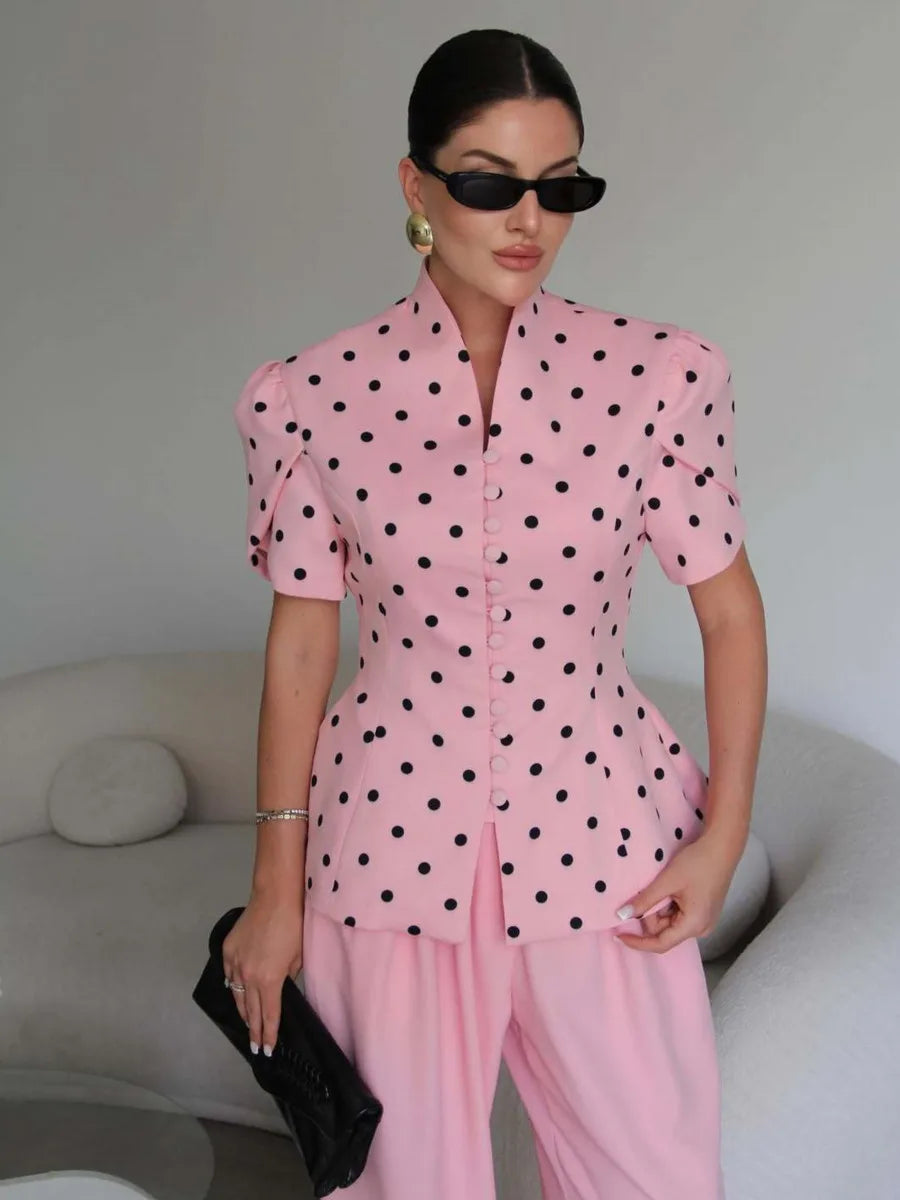 Polka dot puff sleeve mandarin collar top